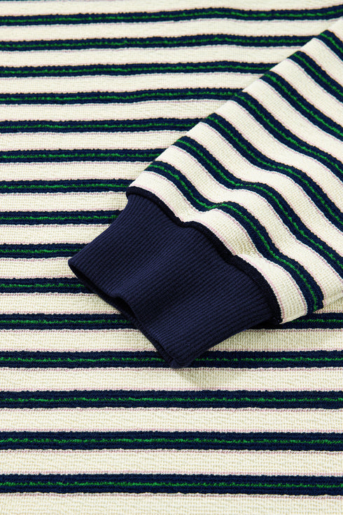 Striped Contrast Collar Quarter Zip Polo Long Sleeve Top